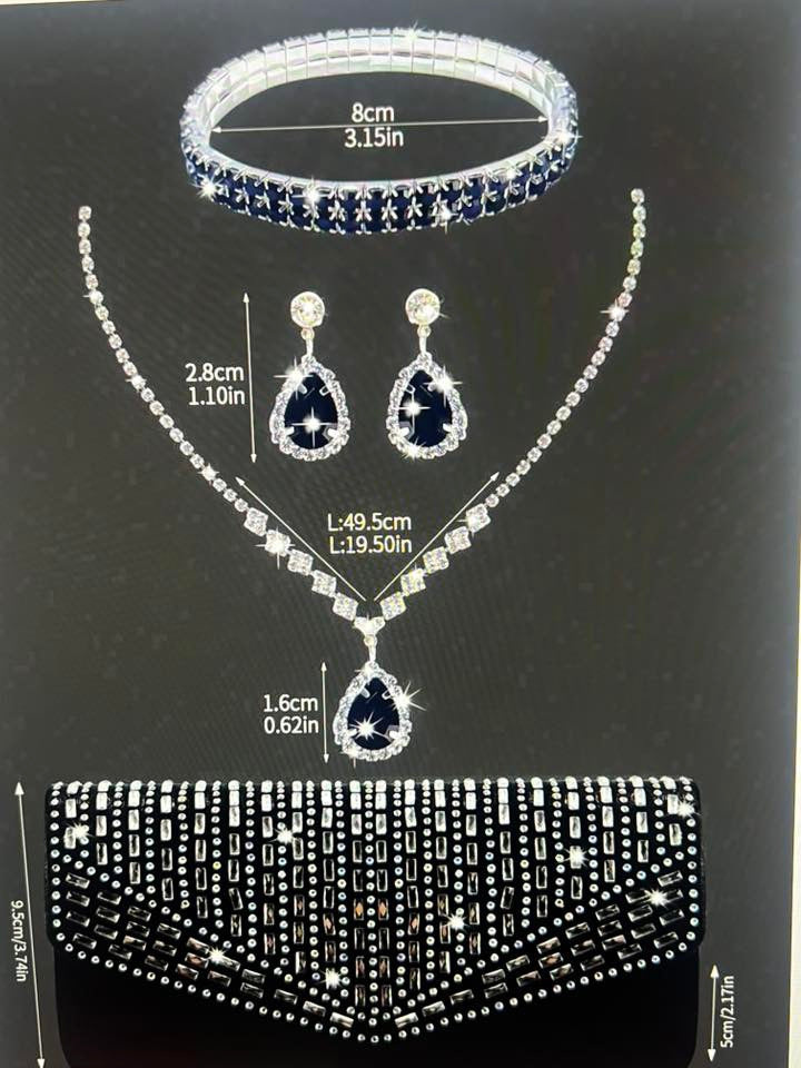RHINESTONE CLUTCH W/NECKLACE, EARRINGS & BRACELET